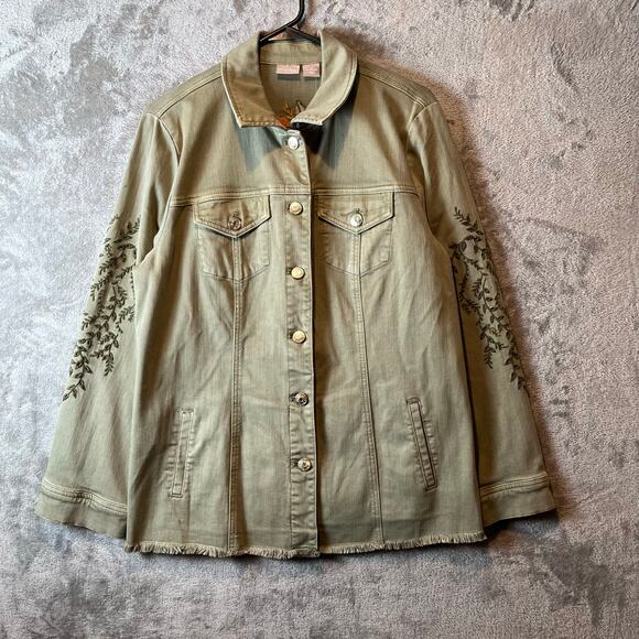 Chico’s Sage Green Utility Jacket Twill Embroidered Floral Women's Size 2 LG New - Picture 1 of 7